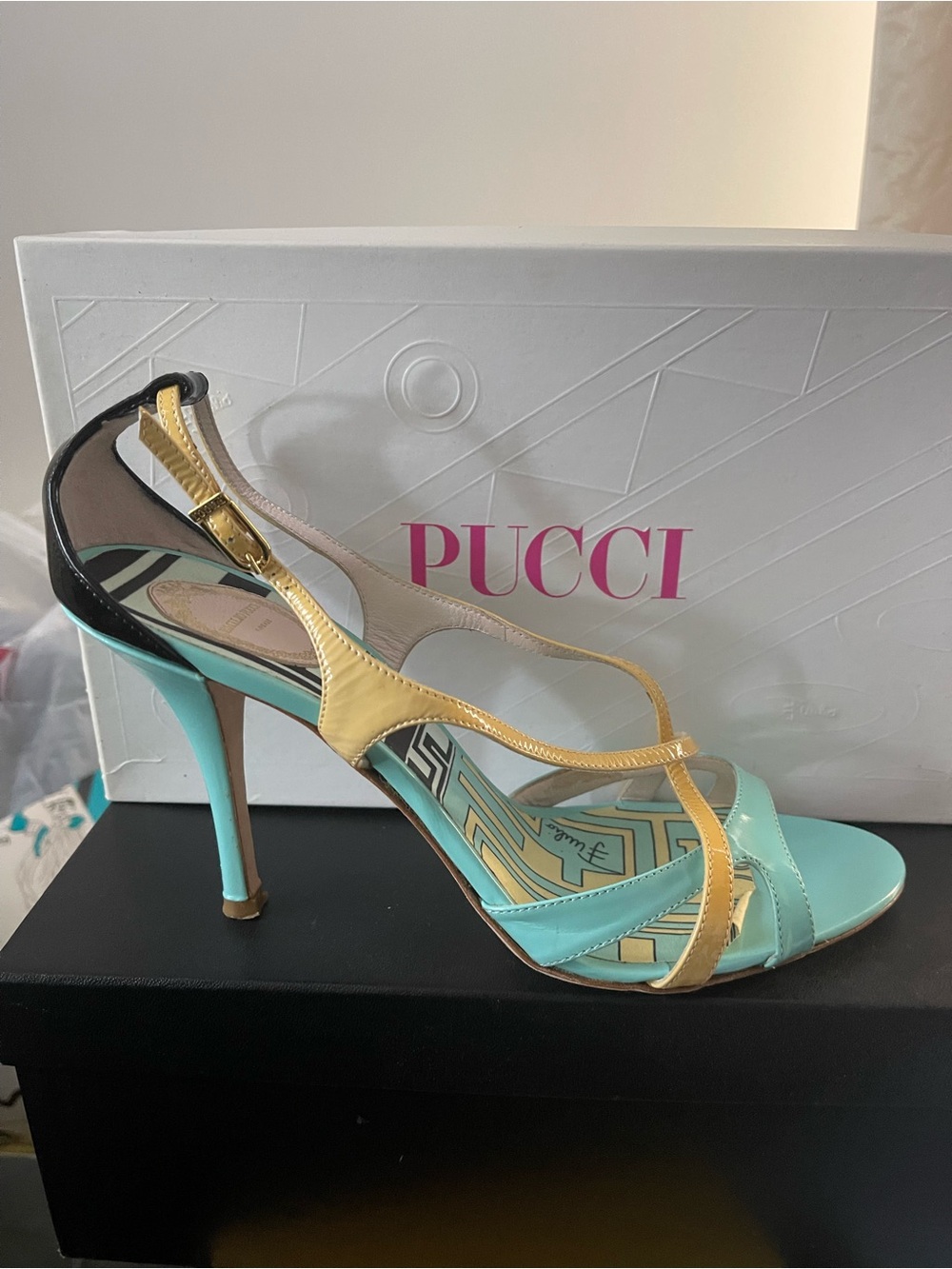 Emilio Pucci Aqua and Yellow Strappy Stiletto Sandals